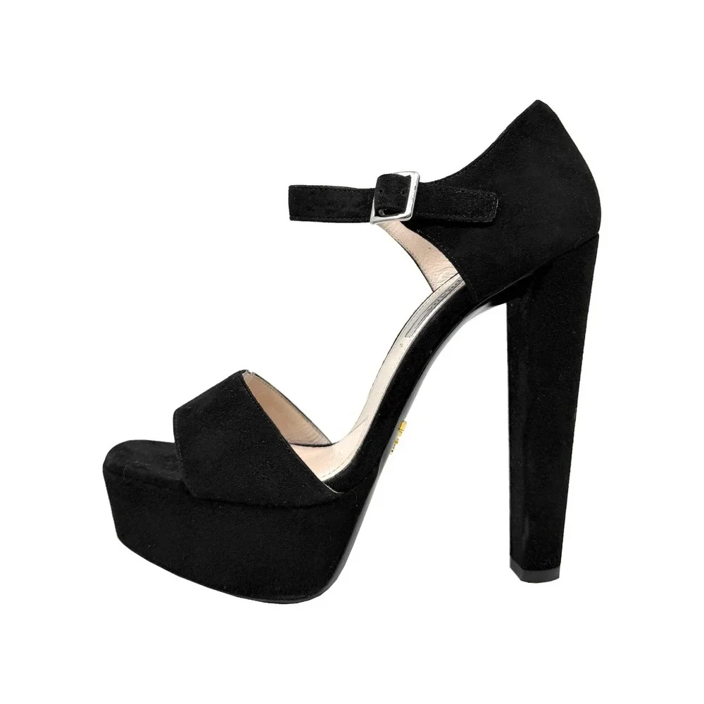 Prada Black‎ Suede Platform Sandals Ankle Strap Heels 38.5